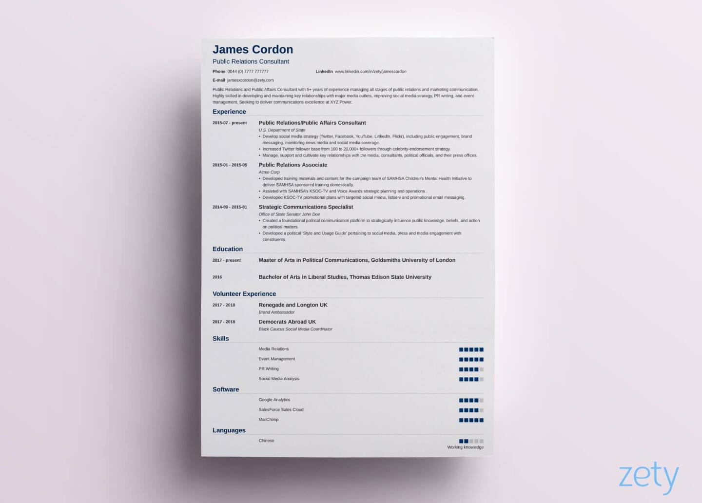 A view from the Zety CV builder outlining the procedure of populating the employment history segment and a range of pre-composed resume descriptions recommended for the particular job.