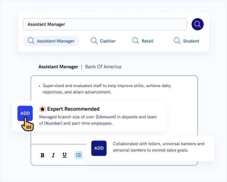 A view from the Zety resume editor portraying the process of completing the job history section and a series of pre-composed resume descriptions recommended for the particular occupation.
